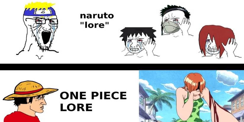 Image of the Wojak meme poking fun at the lores of Naruto and One Piece