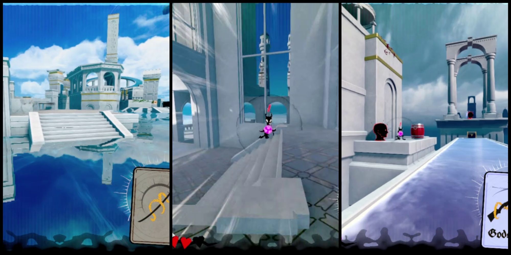 three part image: a set of short steps leading up to a platform with more buildings rising up in the distance. a partial view of a card with a sword on it in the bottom right; a shadowy enemy fires a purple ball at the viewer as the viewer rushed forward; an elevated canal next to a building with a ledge holding a head shaped enemy, a small, shadowy creature, and a red barrel. to the right are a pair of archways on a slightly higher level and farther away