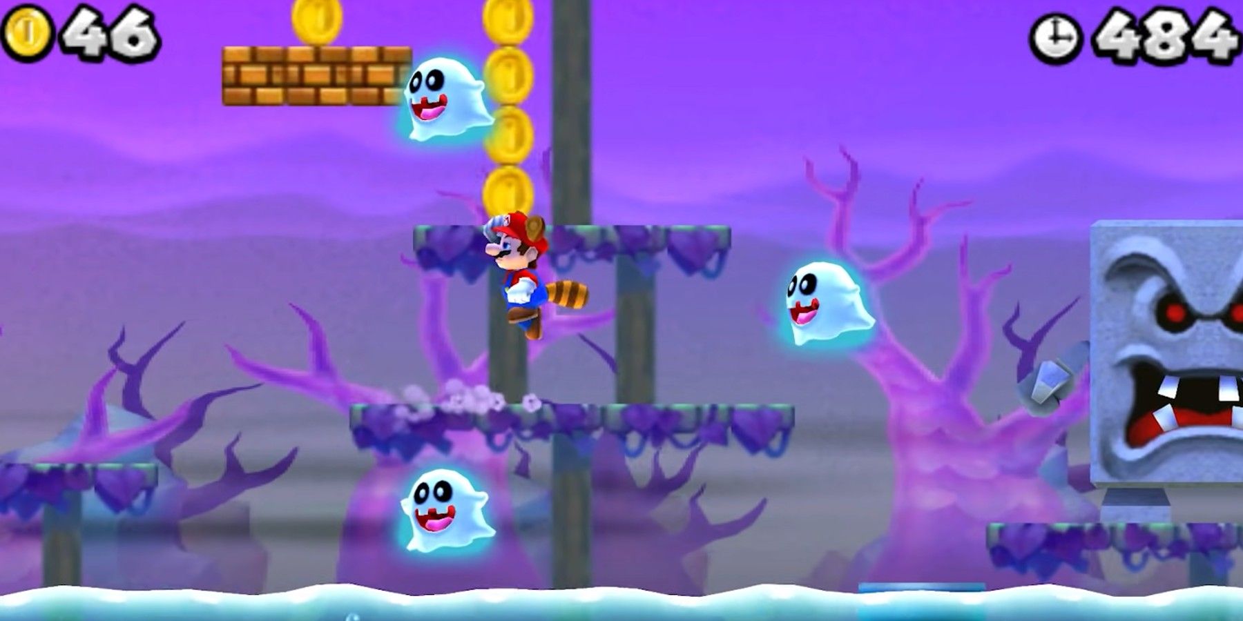 New Super Mario Bros 2 Star World 3 purple ghost lake with whomp