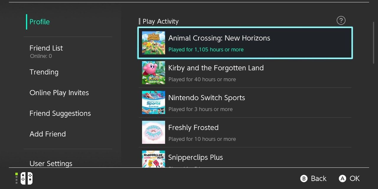 Play Activity menu on the Nintendo Switch