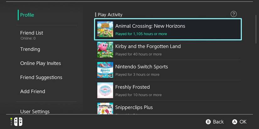 Play Activity menu on the Nintendo Switch