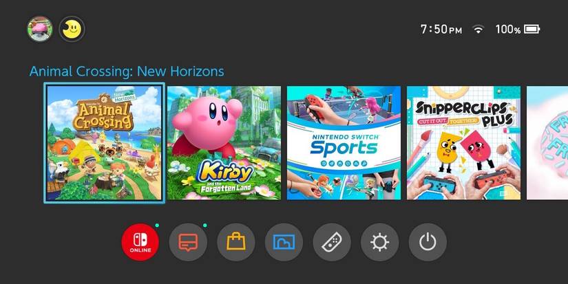 Main menu on the Nintendo Switch