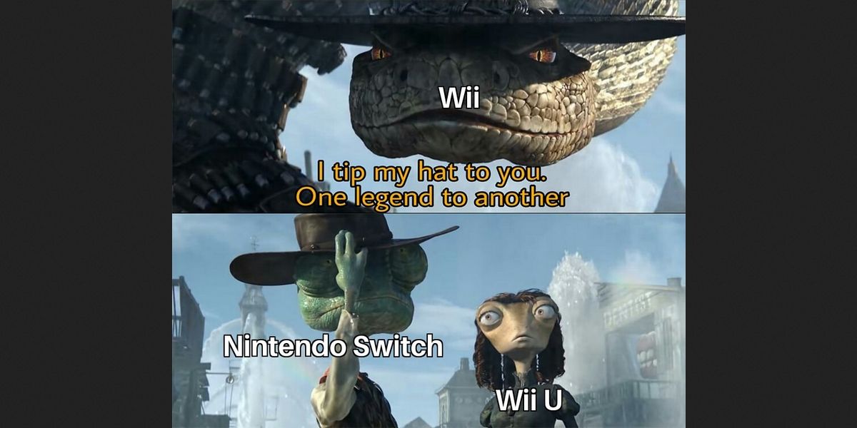 Top: Rattlesnake Jake says "I tip my hat to you. One legend to another." Bottom: Rango (left), labeled Switch, tipping his hat. Beans (right) labeled Wii U, looking onward. Image source: Reddit.com