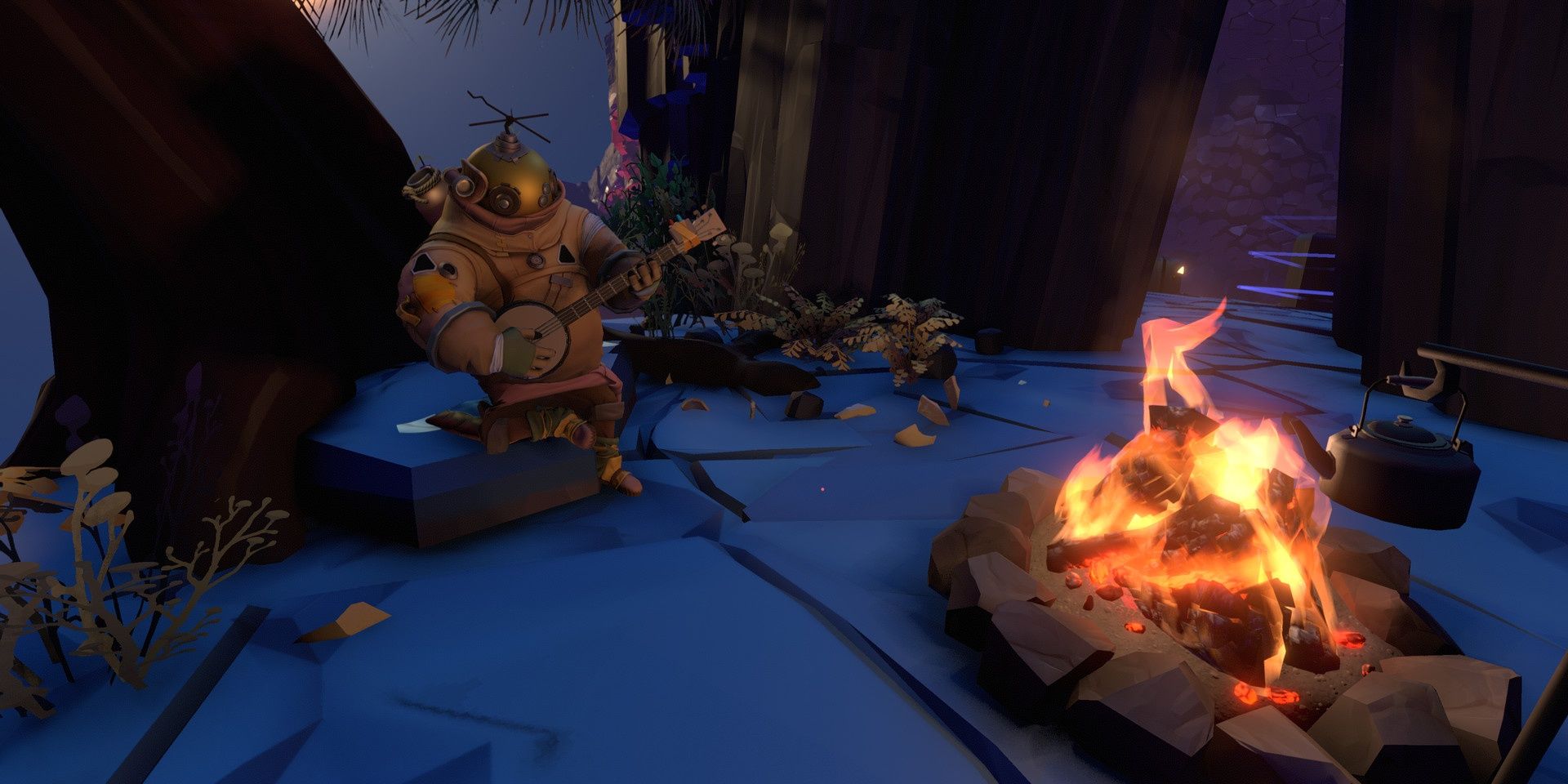 Someone playing a banjo in front of the fire in Outer Wilds