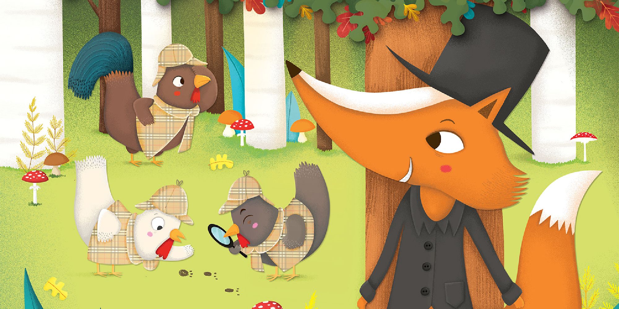 The box art for Outfoxed, showing a sneaky fox hiding behind a tree while chicken detectives snoop around