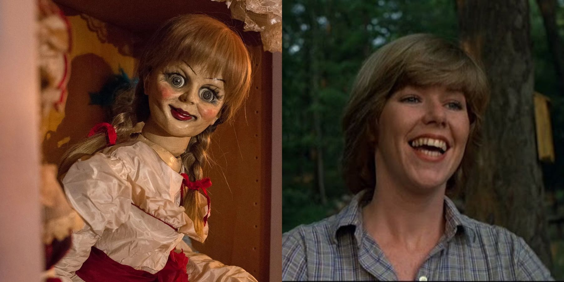 Разделенное изображение куклы Аннабель в фильме «Проклятие Аннабель возвращается домой» и улыбающейся Элис Харди (Эдриенн Кинг) в фильме «Пятница, 13-е».
