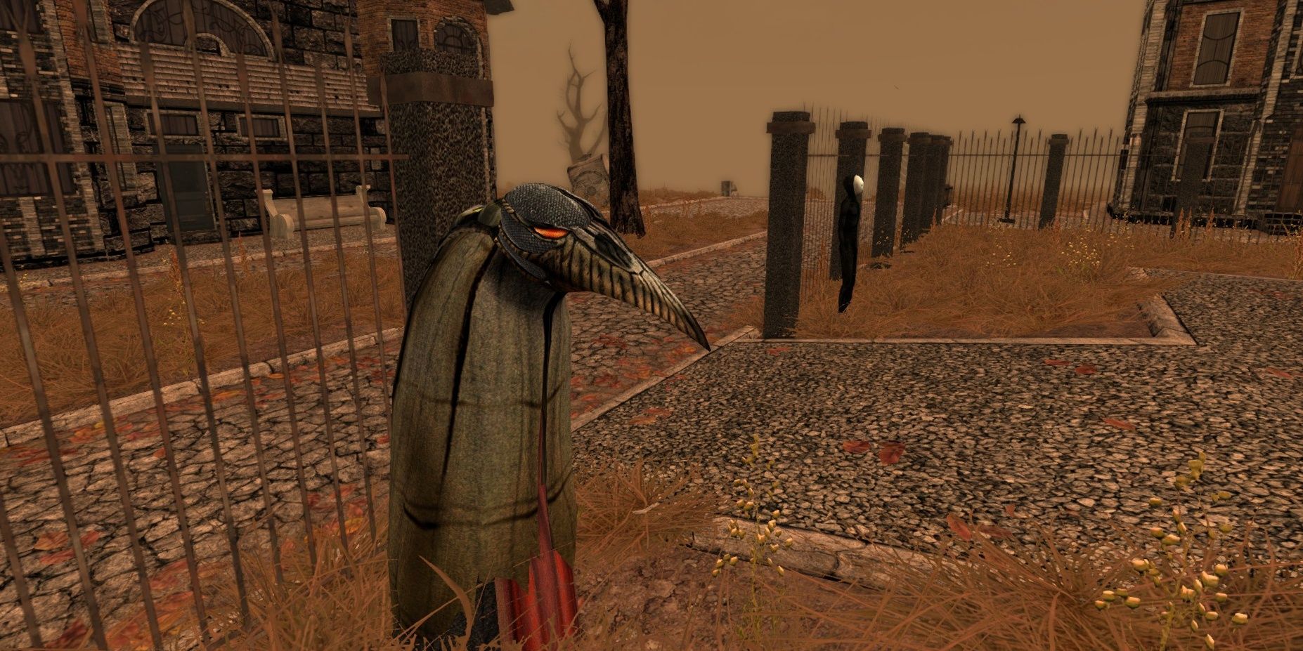 A creature standing by a fence wearing a bird mask in Pathologic