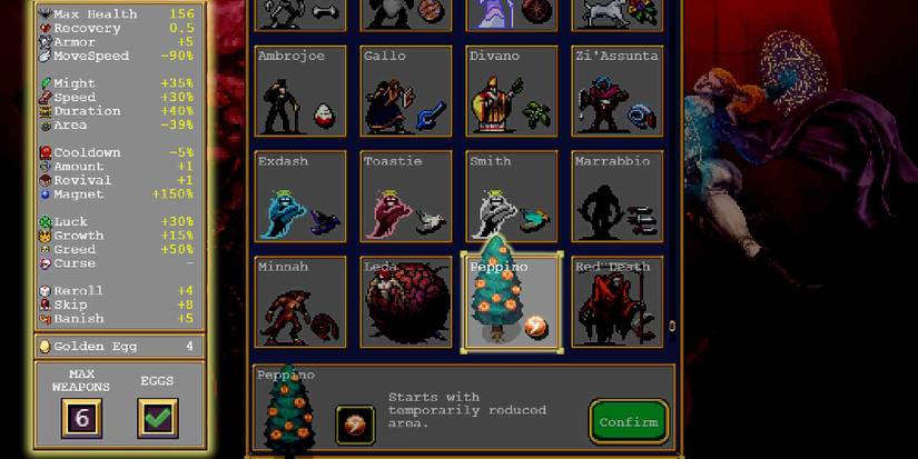 Peppino in the Character Select Screen in Vampire Survivors