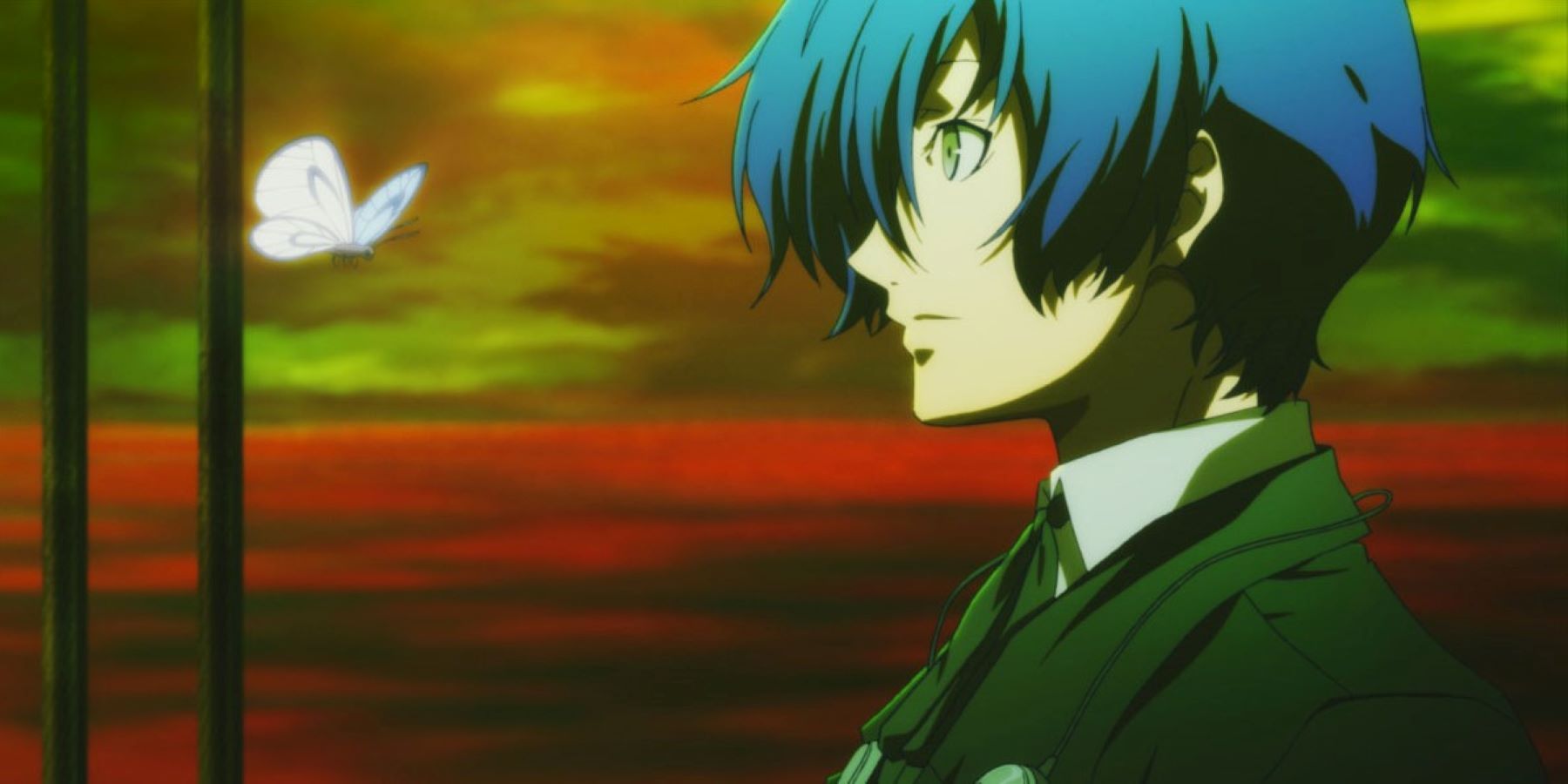 Screenshot of the Persona 3 male protagonist interacting with a butterfly