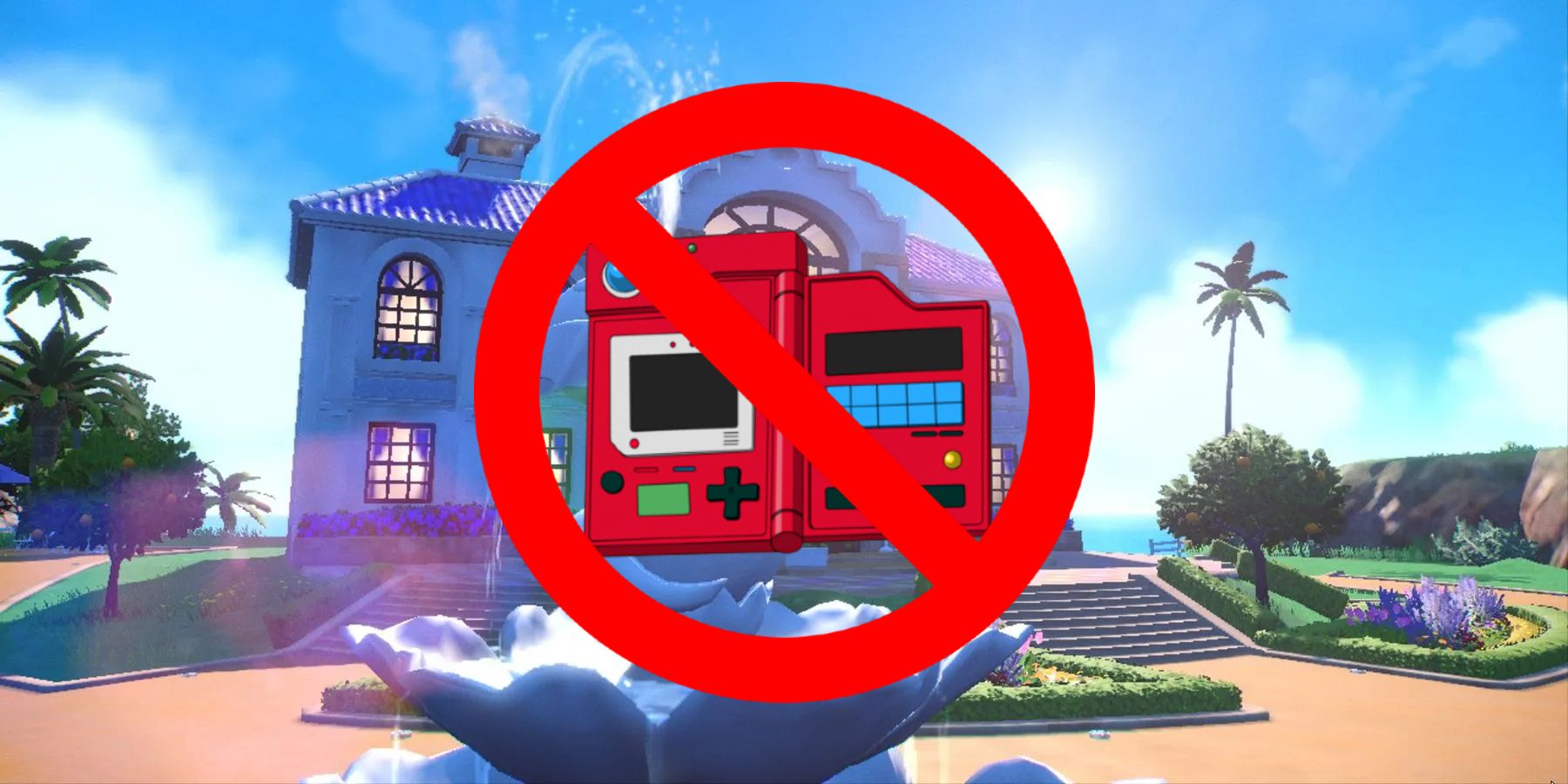 Pokedex within a forbidden sign, overlaid on Pokemon Scarlet and Violet's house