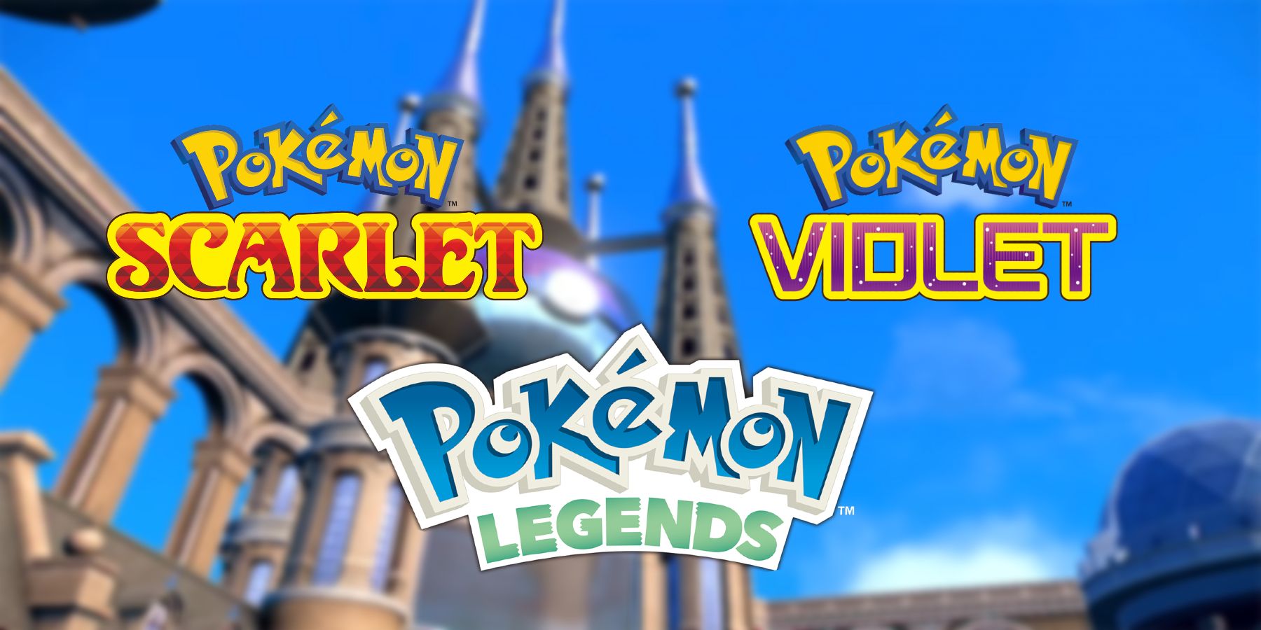 Логотипы покемонов для Скарлет, Вайолет и Легенд над зданием из Скарлет и Вайолет