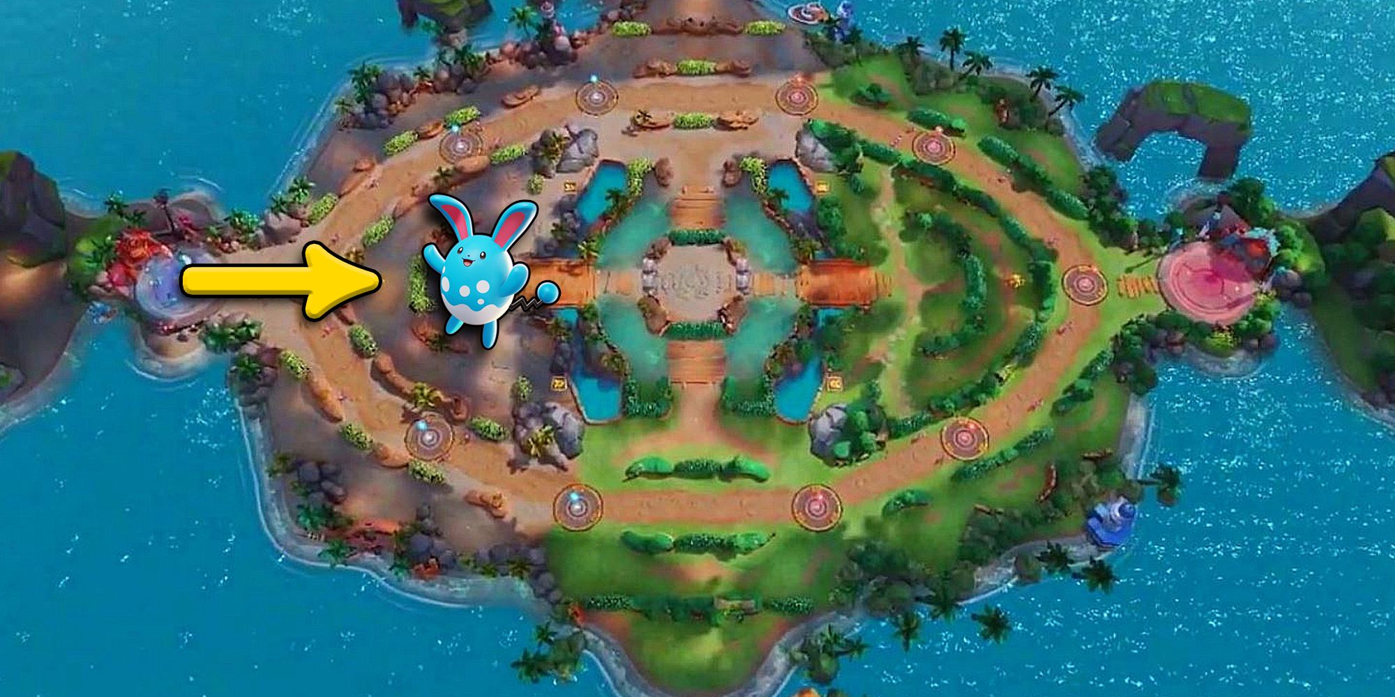 Pokemon Unite - Azumarill PNG Overlaid On Image Of Pokemon Unite Map