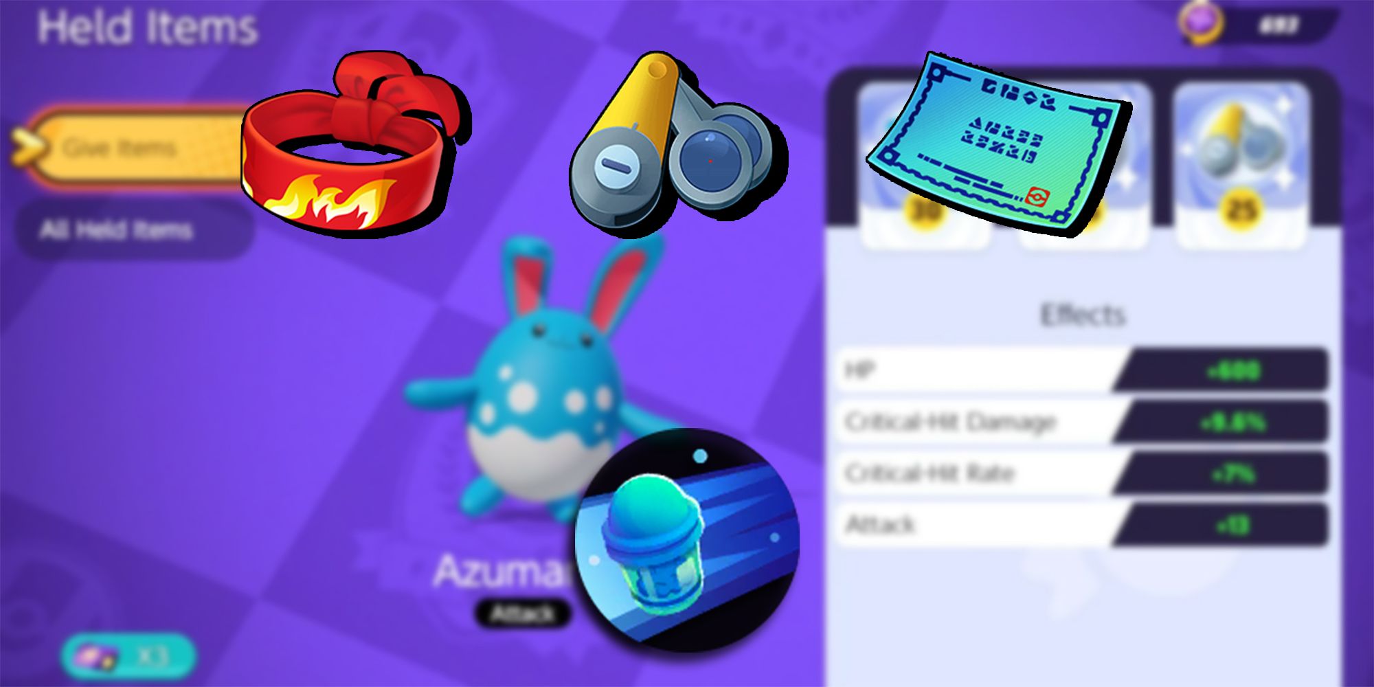 Pokemon Unite - Azumarill's Best Held Items Overlaid On Top Of Azumarill In Equip Menu