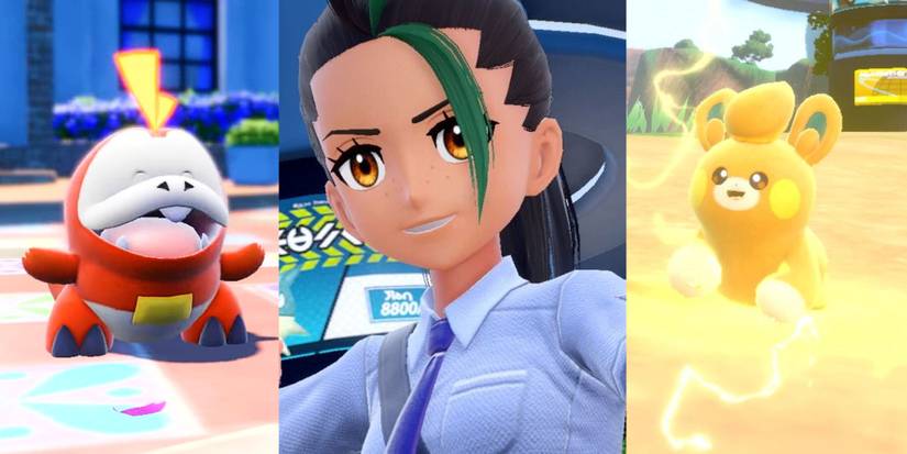 Fuecoco in Scarlet & Violet; A close-up of Nemona during battle in Scarlet & Violet; Pawmi using an Electric-type attack