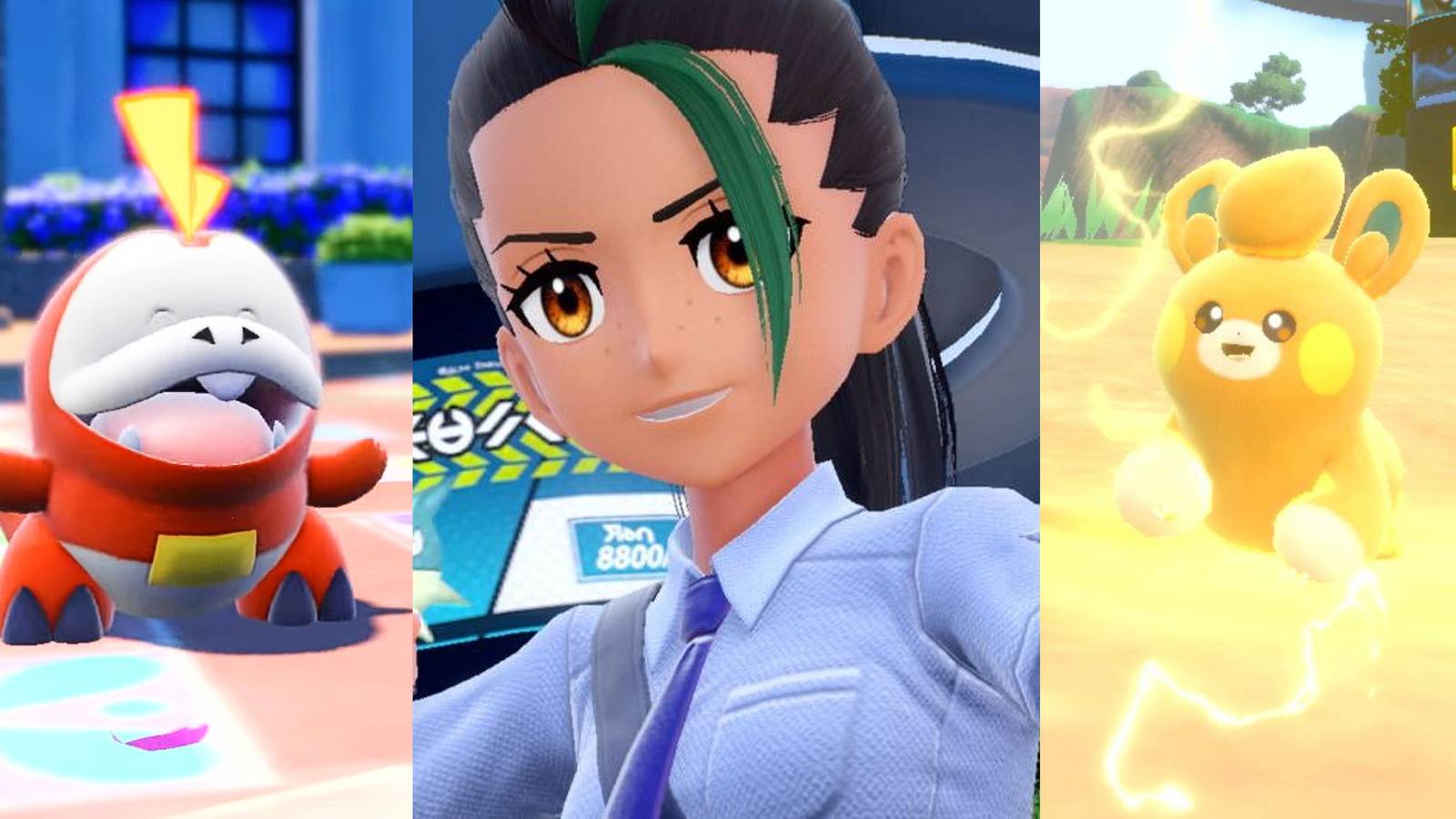 Fuecoco in Scarlet & Violet; A close-up of Nemona during battle in Scarlet & Violet; Pawmi using an Electric-type attack