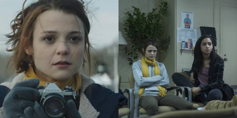 Split image of Bird Fitcher (Kathyrn Prescott) and Bird sitting with Kasey (Samatha Logan) in Polaroid