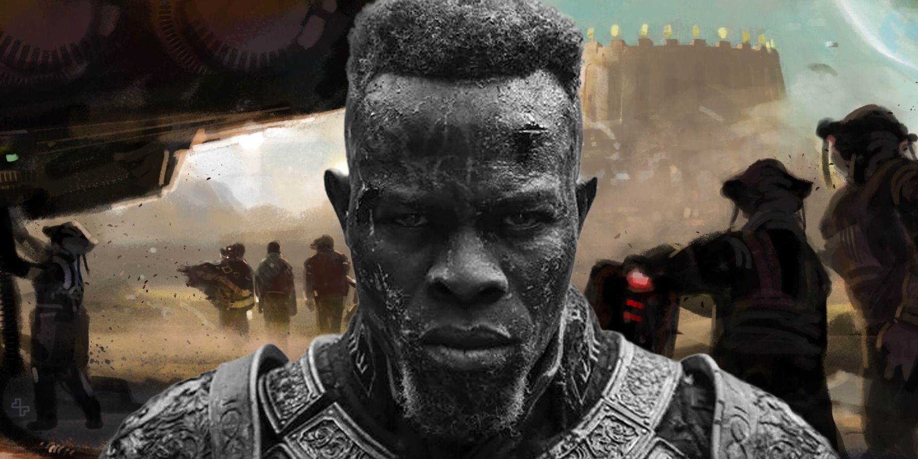 Zack Snyder Rebel Moon Djimon Hounsou as General Titus with Rebel Moon artwork background