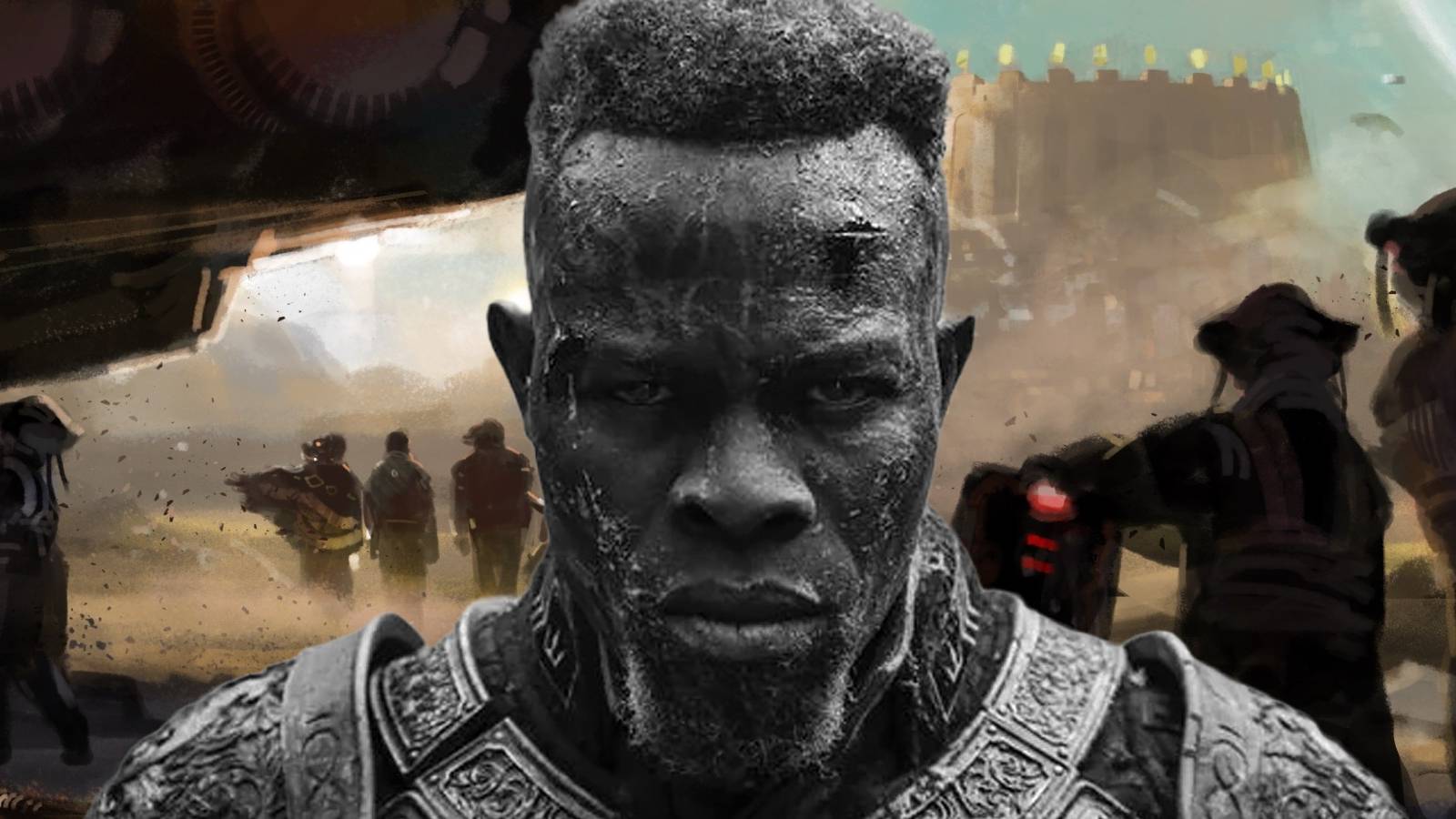 Zack Snyder Rebel Moon Djimon Hounsou as General Titus with Rebel Moon artwork background