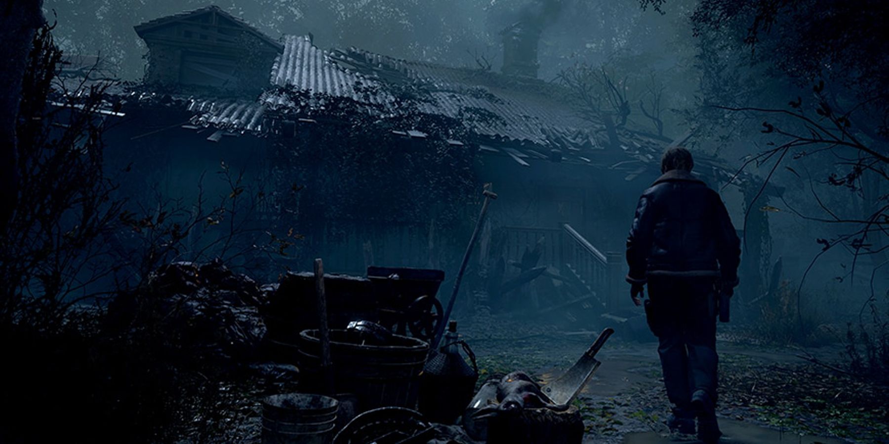 Resident Evil 4 Remake Leon Kennedy approaching a runied house