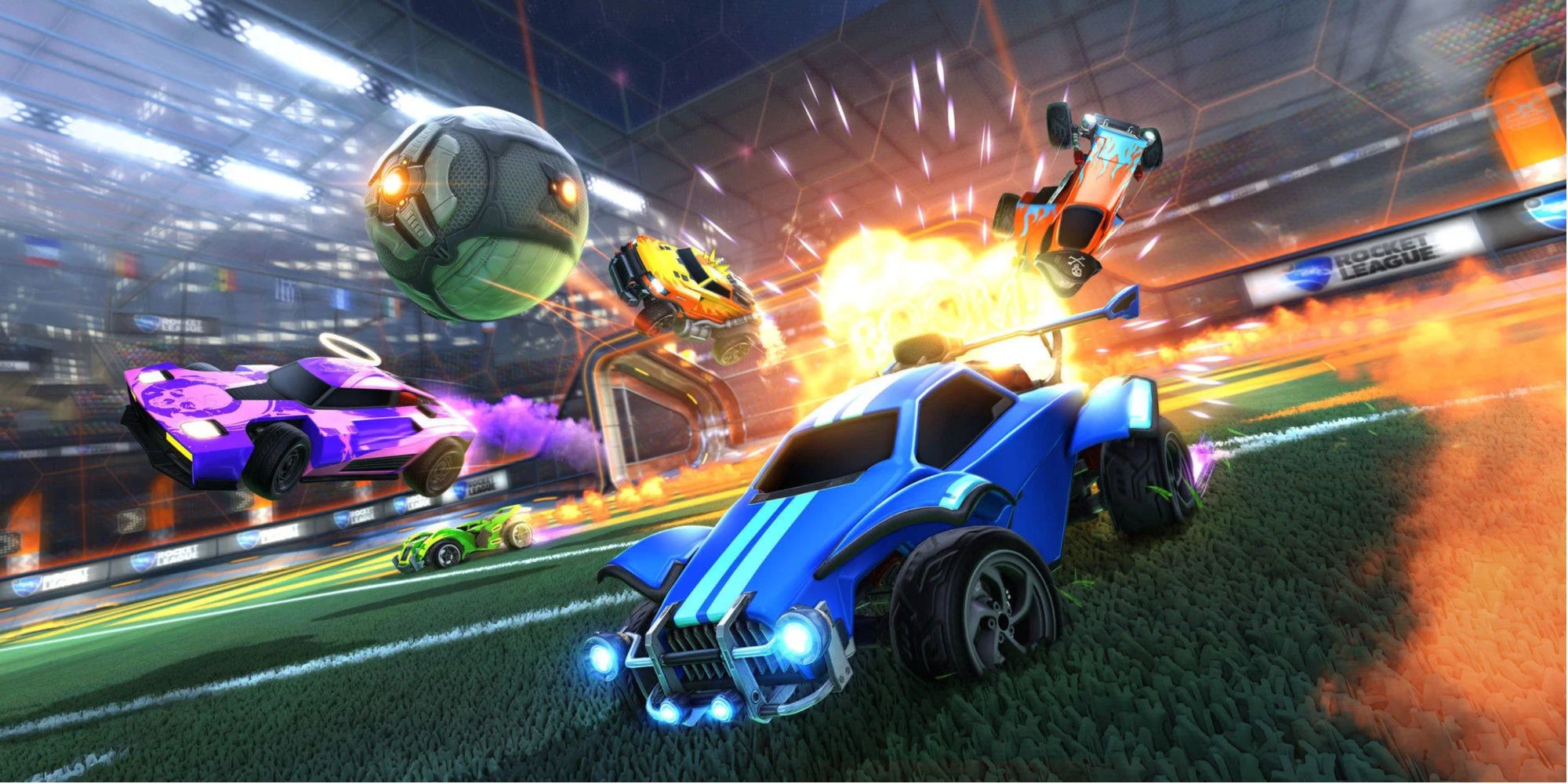 Rocket League cars duking it out over the soccer ball