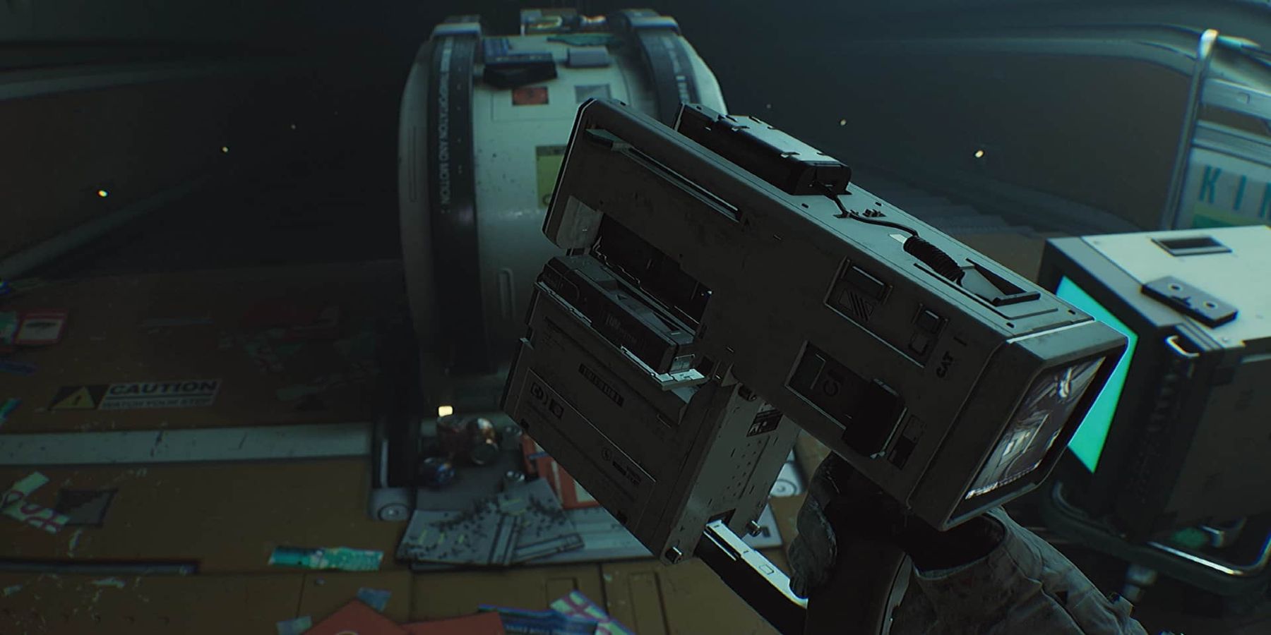 Gameplay footage of Routine showing the player's 80s-inspired gun