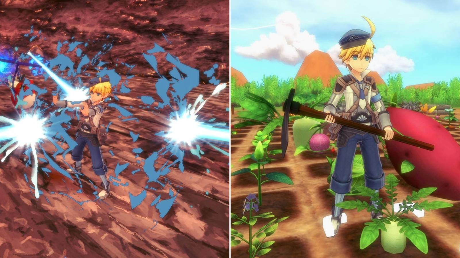 Boy in a blue hat zaps lightning bolts on the left while holding a hoe on the right