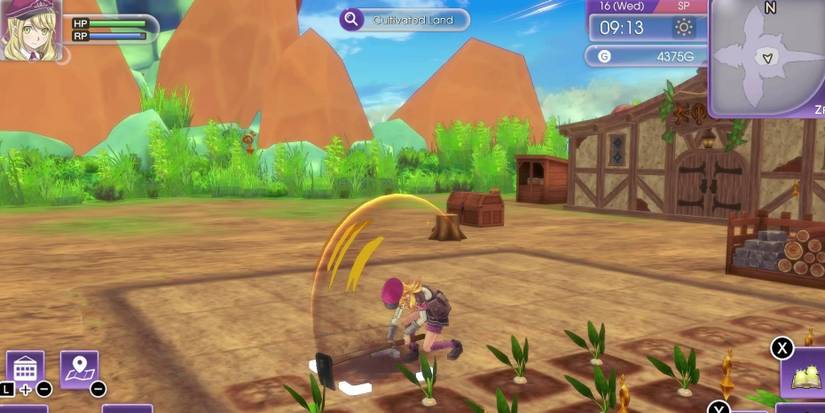 Blonde haired woman toils the ground to plant crops in Rune Factory 5