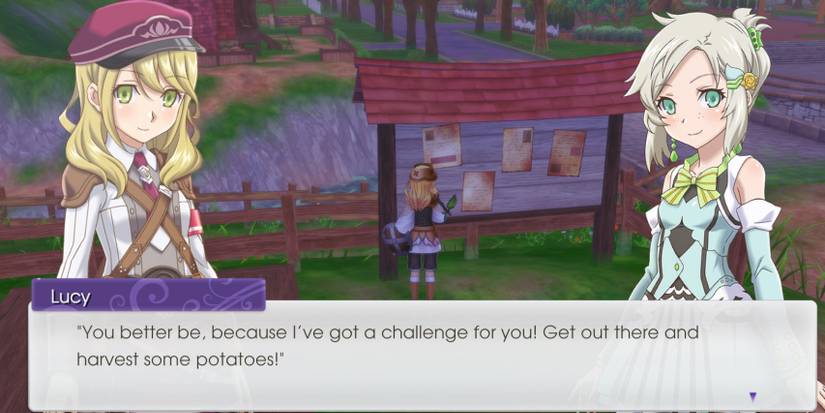 Lucy telling the player that she has a challenge for them next to the request board in Rune Factory 5