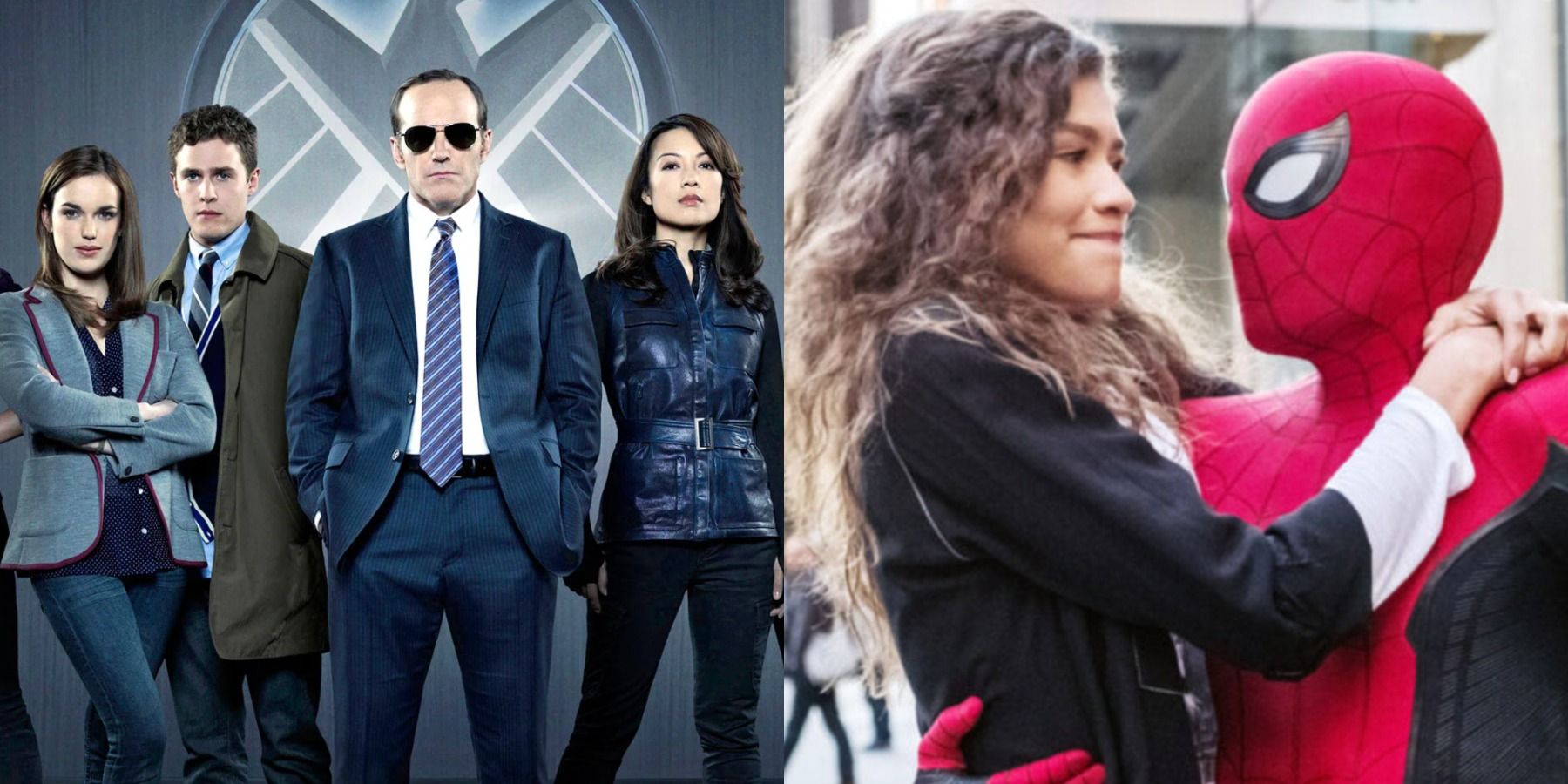 A split image depicts Agents Of SHIELD cast members alongside the MCU's MJ and Spider-Man