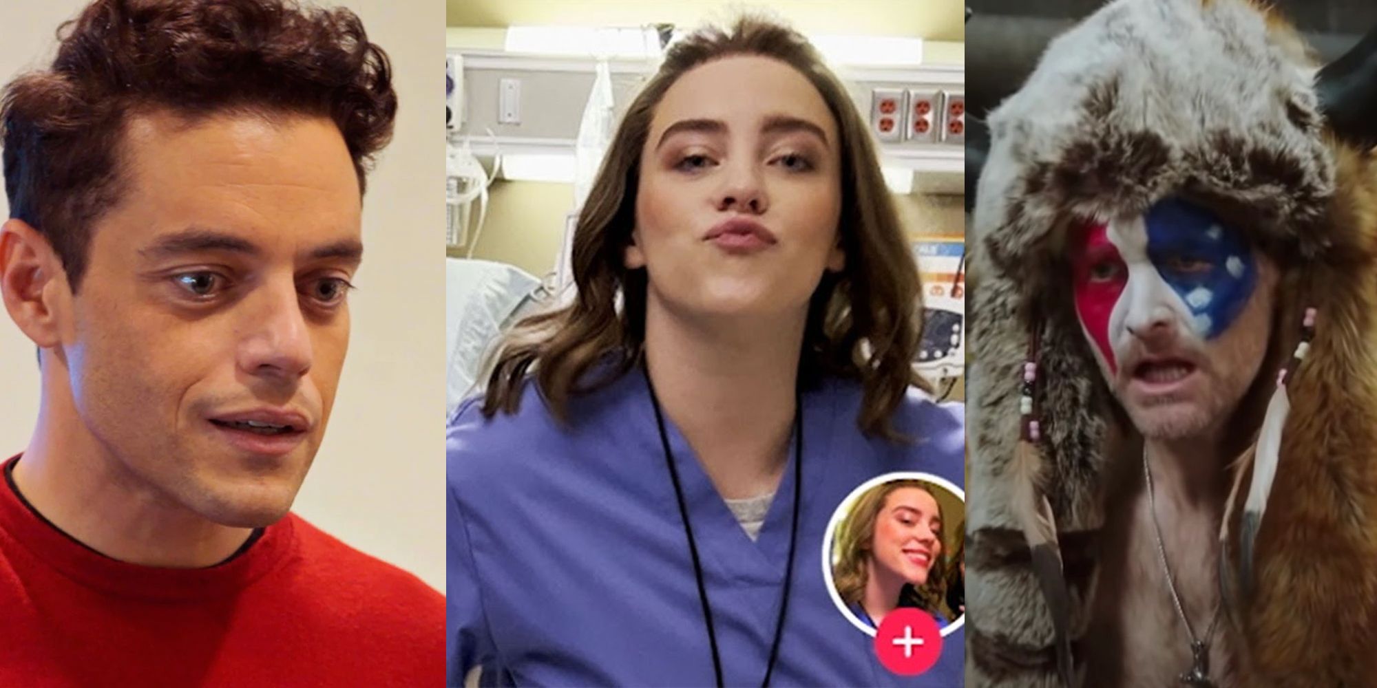 Rami Malek in a Please Don't Destroy sketch on SNL; Billie Eilish as a nurse in the TikTok sketch; MacGruber dressed as the January 6th Viking 