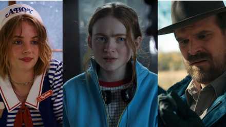Robin working at Scoops Ahoy in season 3; Max in the Creel house wearing headphones in season 4; Hopper on an investigation in season 2