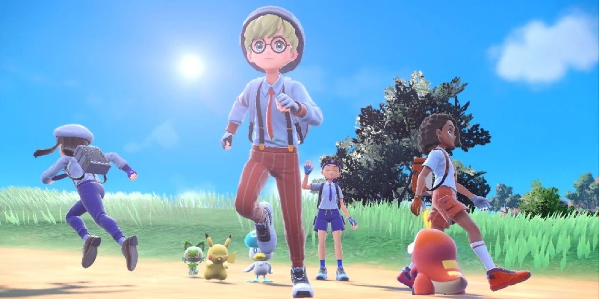 Four players splitting off in an open field with Pikachu, Sprigatito, Quaxly, and Fuecoco in Scarlet & Violet