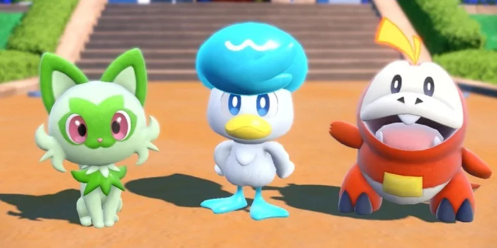 Spiratito, Quaxly, and Fuecoco in a cutscene from Scarlet & Violet