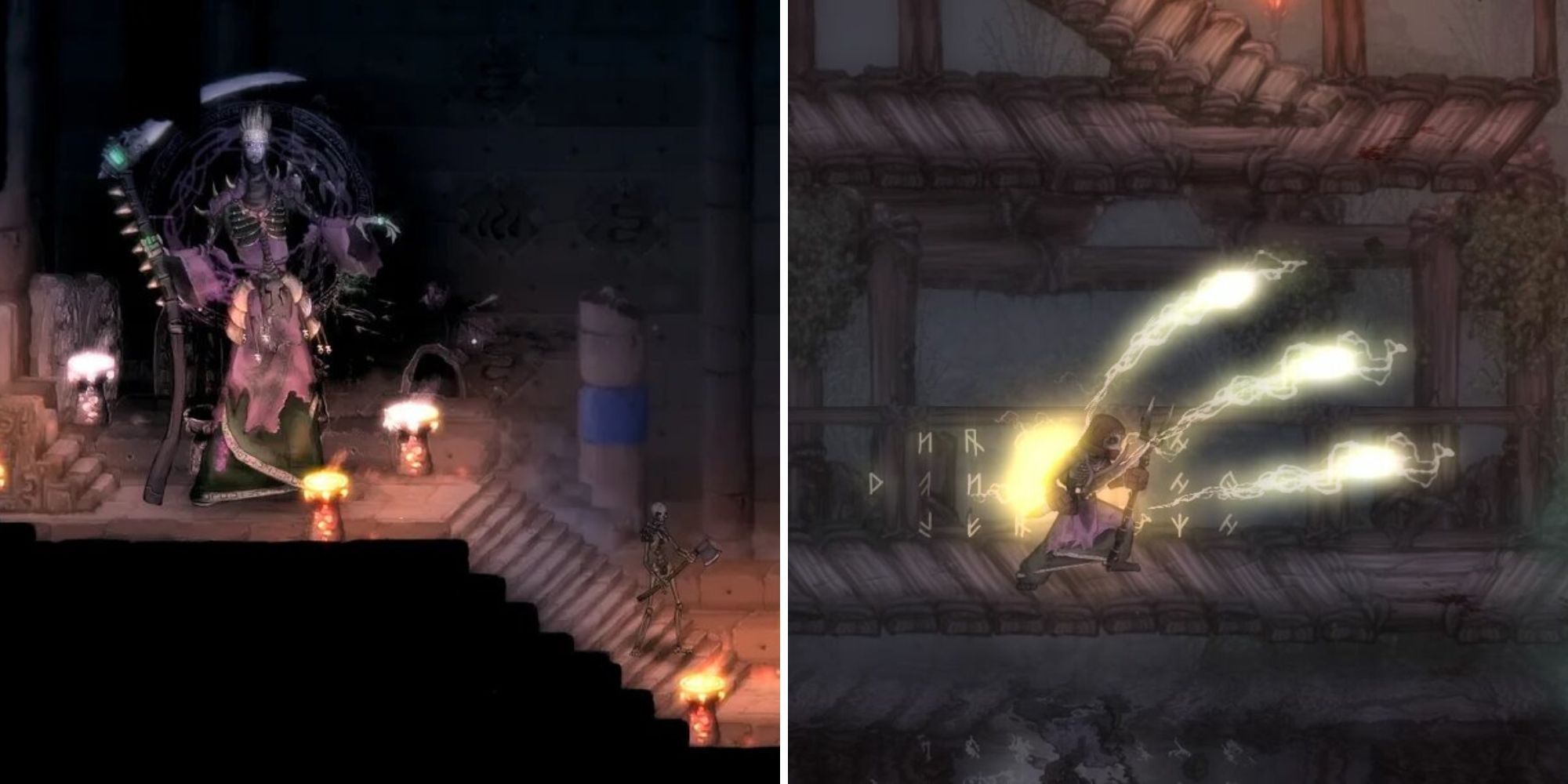 On the left is a large skeleton boss and on the right is a character using magic in Salt and Sacrifice