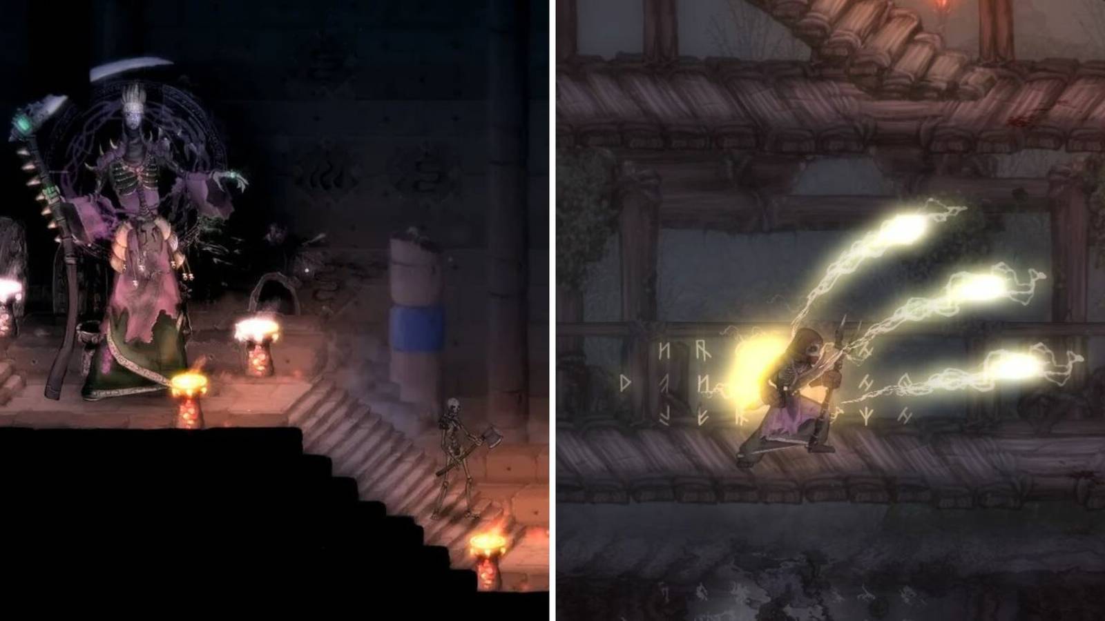 On the left is a large skeleton boss and on the right is a character using magic in Salt and Sacrifice