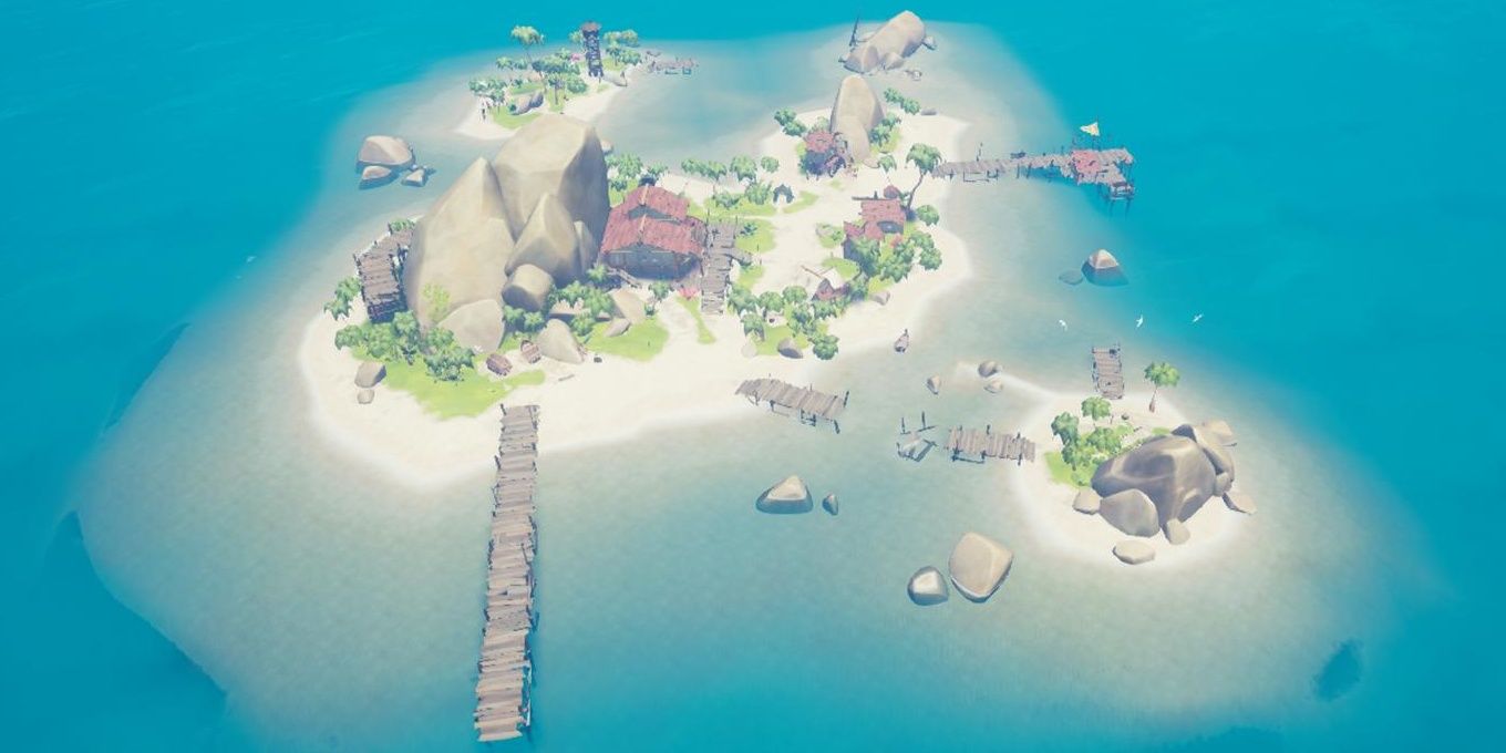 Birds eye view of Sanctuary Outpost from Sea of Thieves videogame