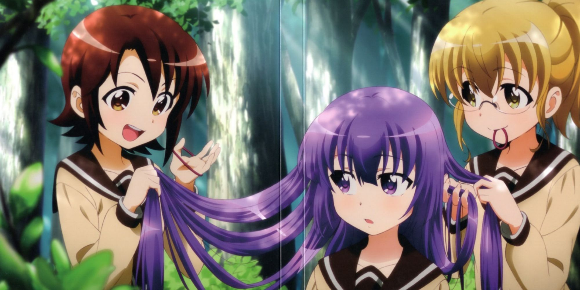 The three main girls from Three Leaves, Three Colors anime in the woods