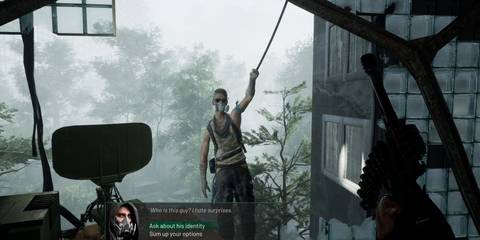 The player talking to Sashko as he hangs from a rope outside the building in Chernobylite