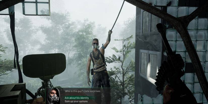 The player talking to Sashko as he hangs from a rope outside the building in Chernobylite