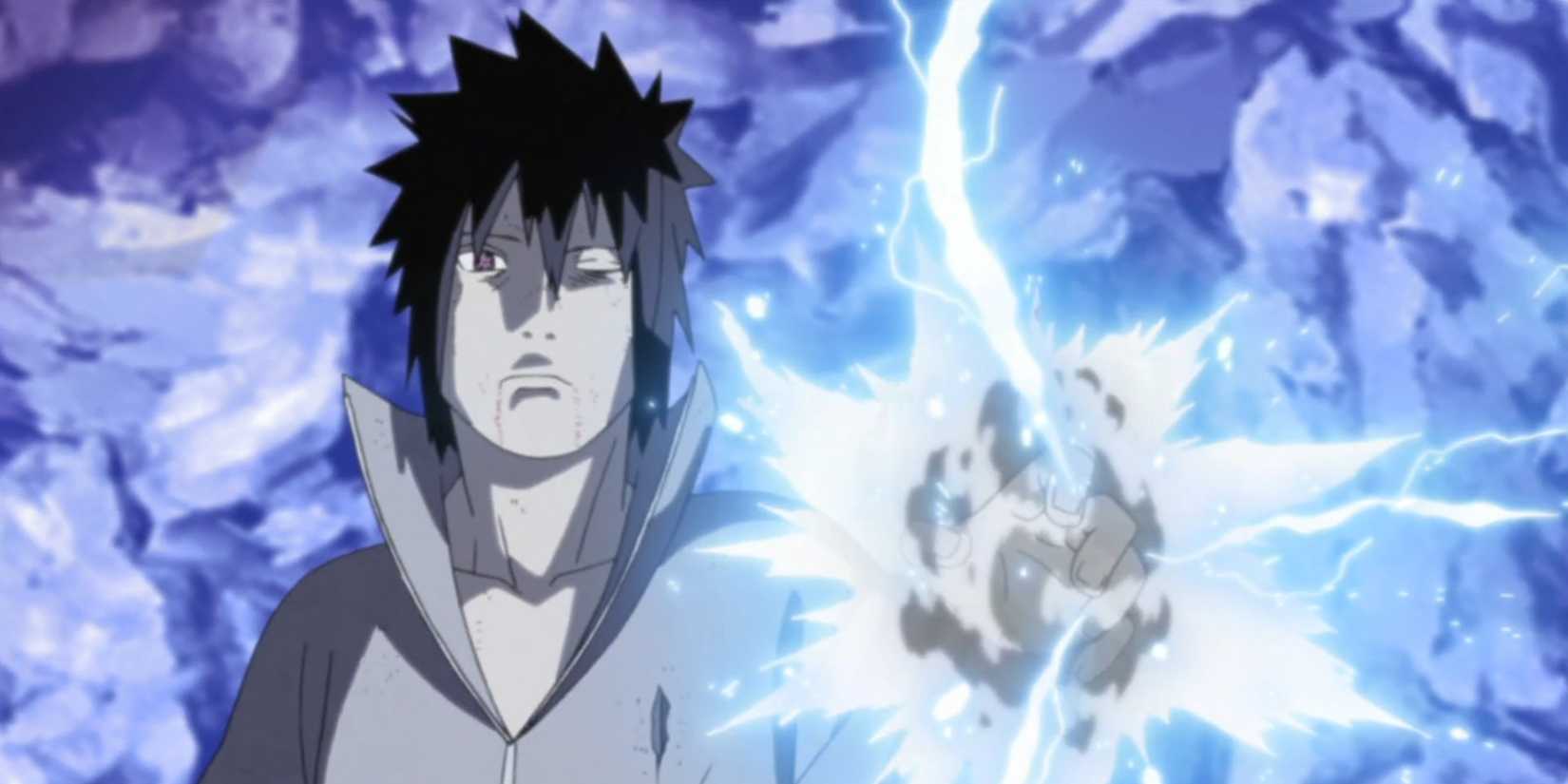 Sasuke Uchiha usando Chidori contra Naruto