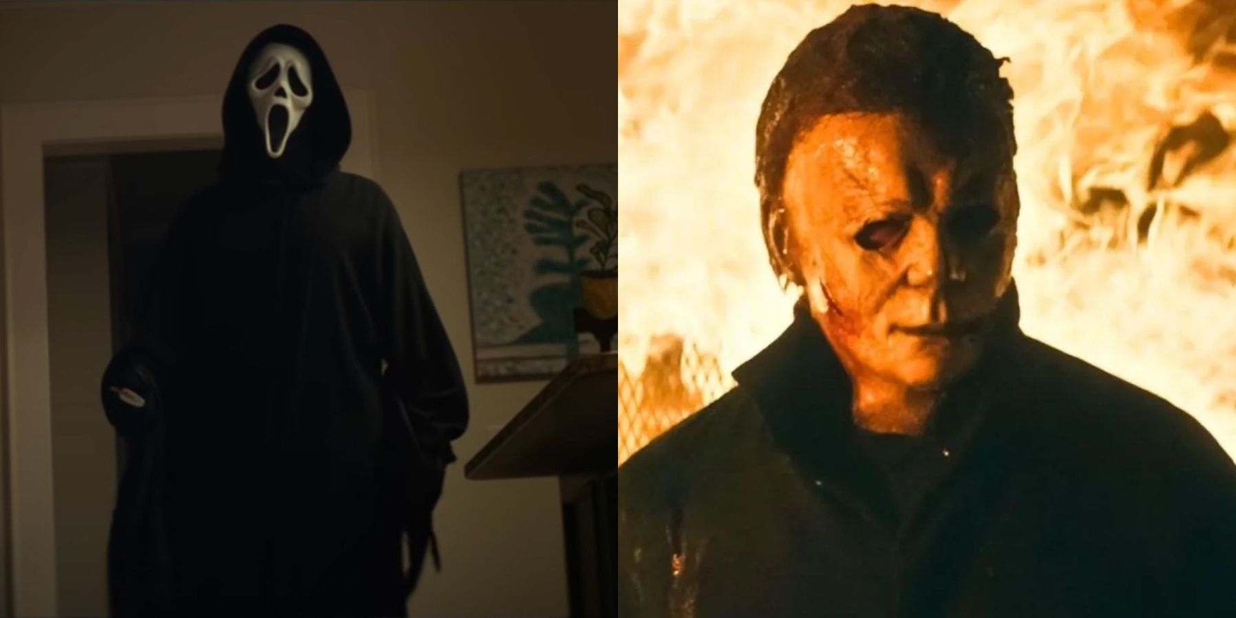 Split image of Ghostface in Scream (2022) and Michael Myers in Halloween Kills