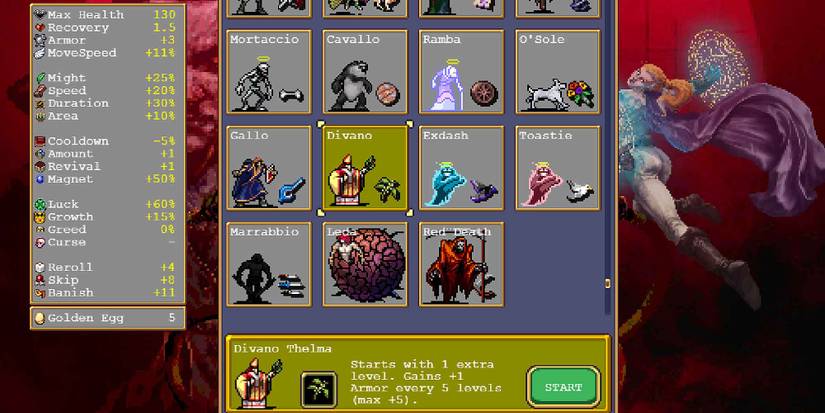 Selecting Divano in Vampire Survivors