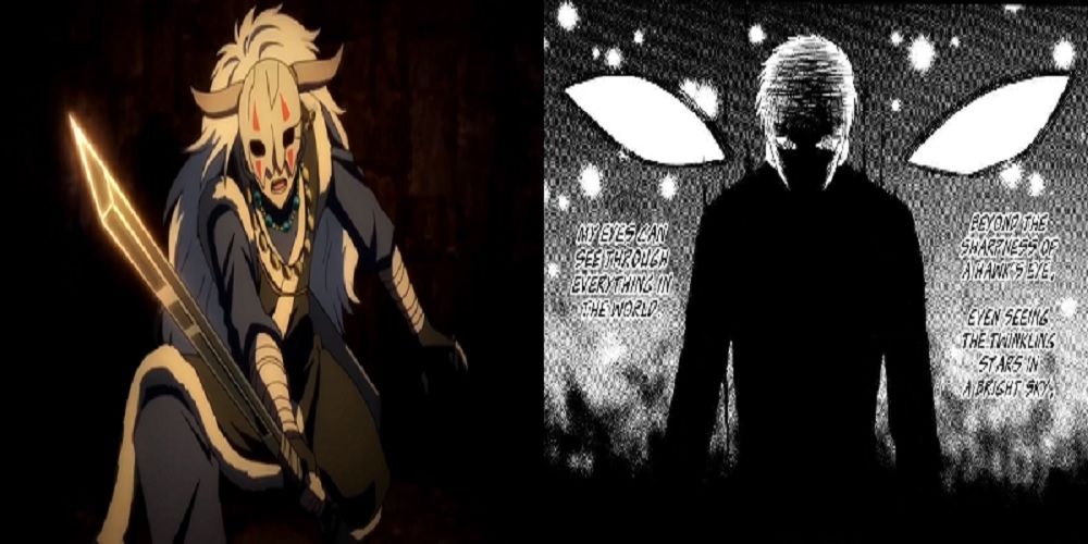 Yona of the Dawn split image of Shin-Ah wielding a sword in the anime and Shin-Ah using his Dragon Eyes in the manga