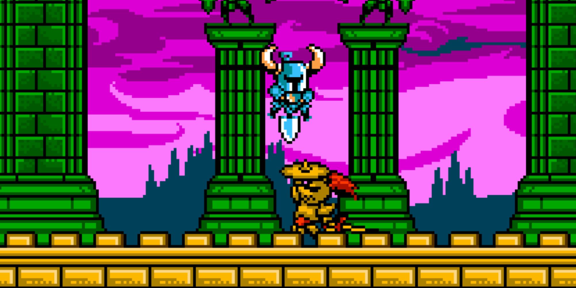 Shovel Knight aiming downwards at a shielded knight in Shovel Knight