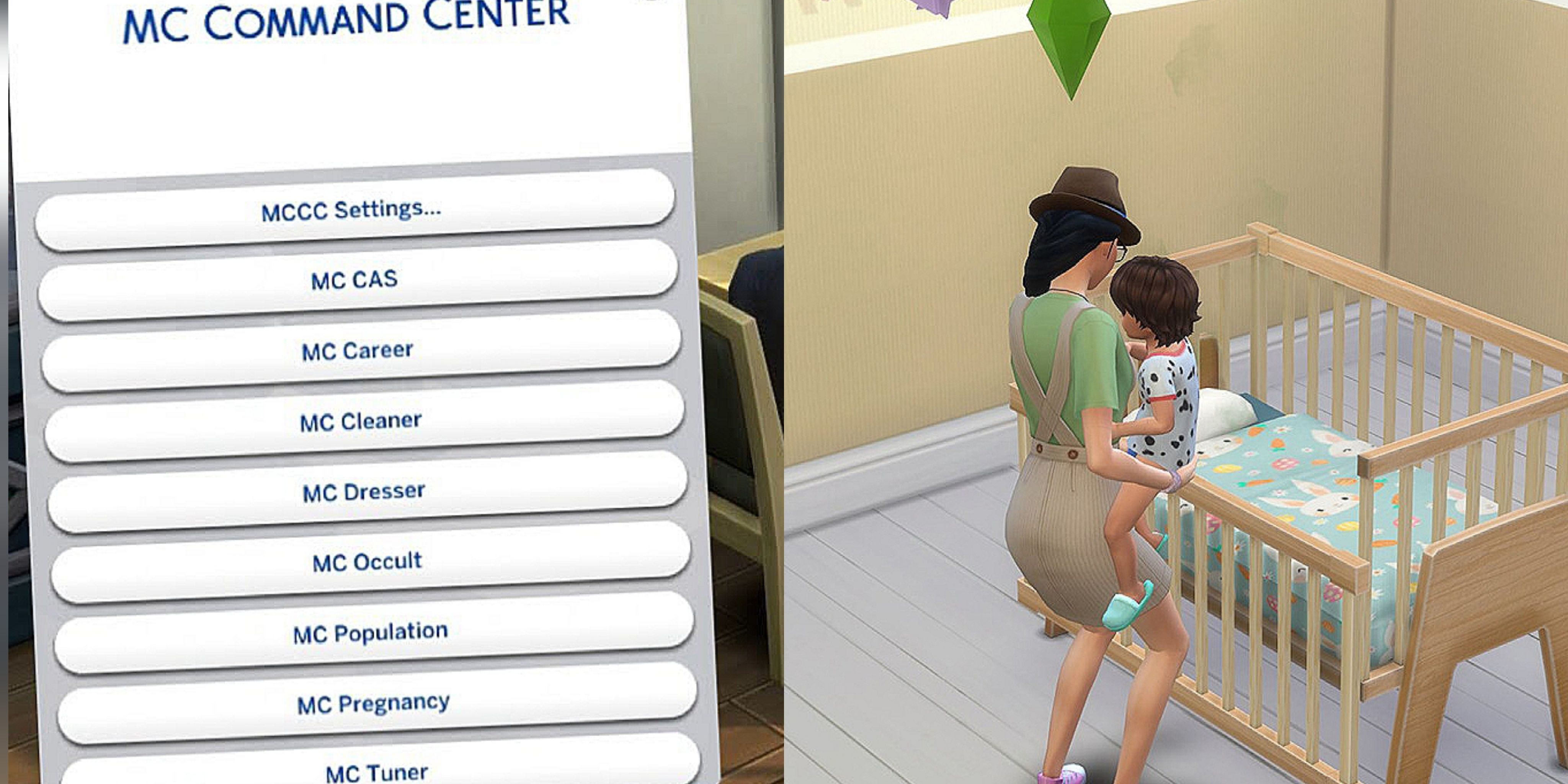 The Sims 4: Split Feature Image of adult putting toddler into crib & MC Command centre 