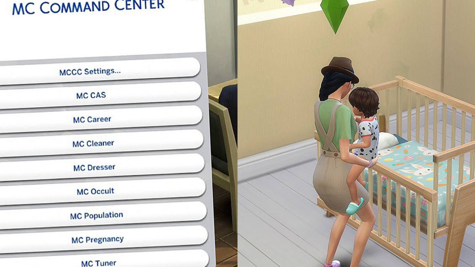 The Sims 4: Split Feature Image of adult putting toddler into crib & MC Command centre 