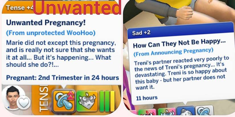 The Sims 4: WooHoo Wellness mod, showing moodlet of unhappy pregnancy