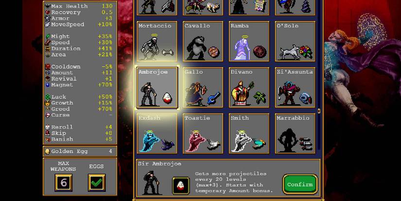 Sir Ambrojoe in character select screen in Vampire Survivors