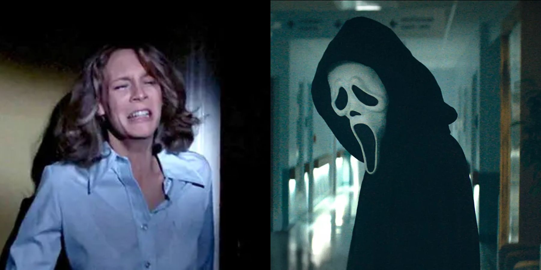 Split image of Laurie Strode in Halloween (1978) and Ghostface from the Scream franchise