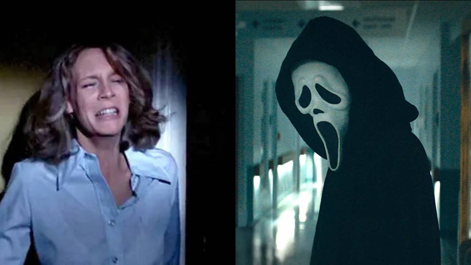 Split image of Laurie Strode in Halloween (1978) and Ghostface from the Scream franchise